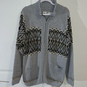 London Fog vintage zip front gray woven Geometric L sweater 80's 90"s pockets
